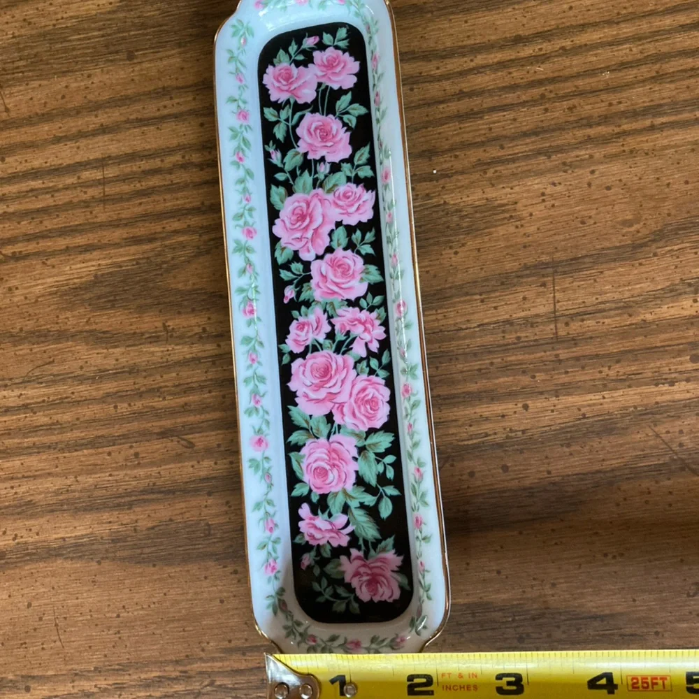 Neiman Marcus 9” rose floral ceramic letter opener holder olive trinket dish Vtg